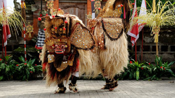 Der Barong ist eine der zentralen Figuren in vielen Tanz- und Theateraufführungen Balis Barong in Tanzvorführung auf Bali
