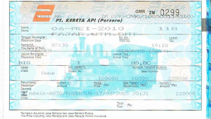 So sieht ein indonesisches Bahnticket aus indonesisches Zugticket